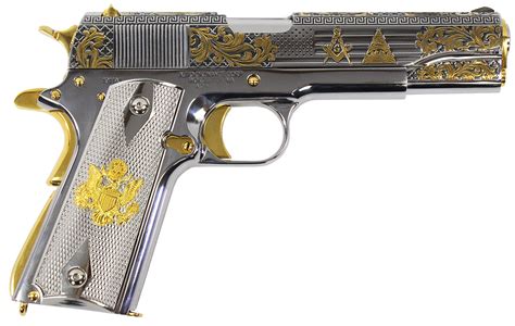 A 1911 pistol with a gold-accented finish