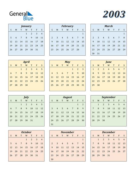 2003 calendar layout