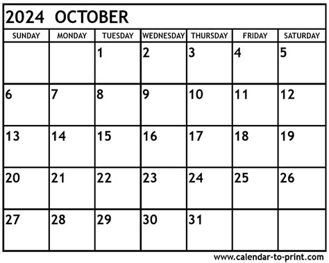 2024 October printable calendar