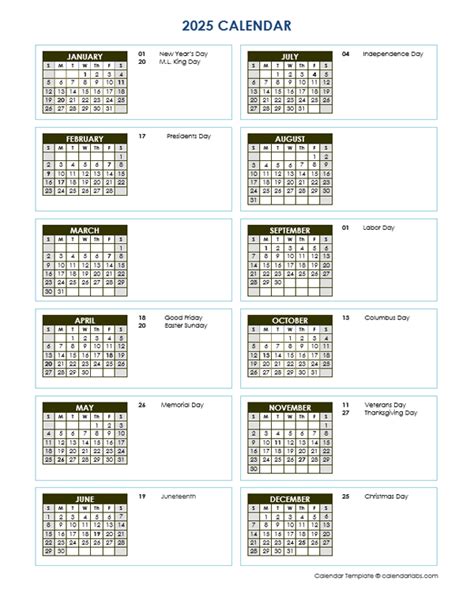 2025 Vertical Calendar Printable Features