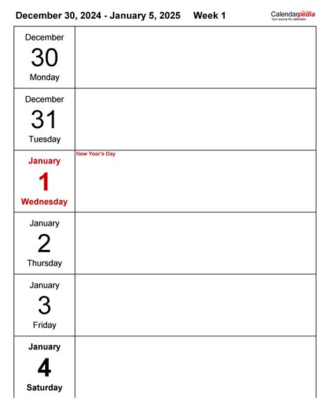 2025 Weekly Calendar