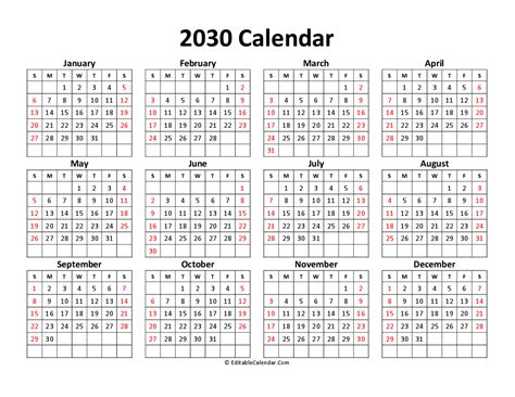 2030 Monthly Calendars