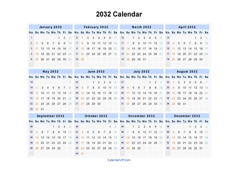 2032 Calendar Excel