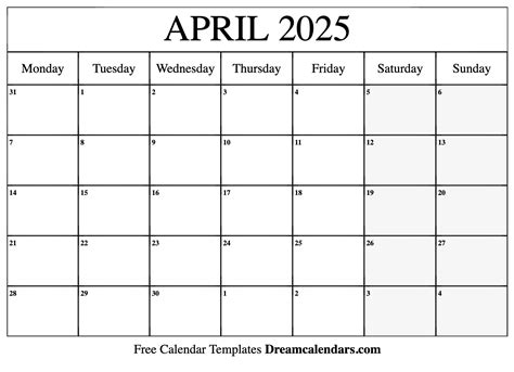 April 2025 Calendar Introduction