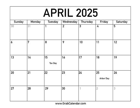 April 2025 Calendar Dates