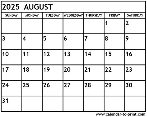 August 2025 Calendar Templates