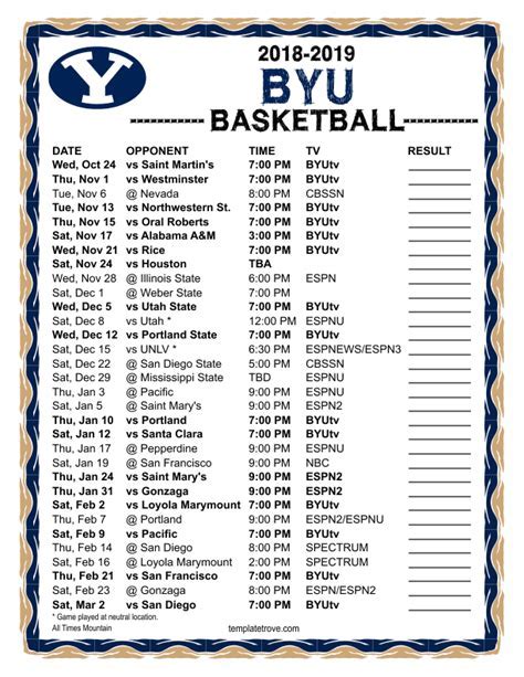 BYU Basketball Schedule