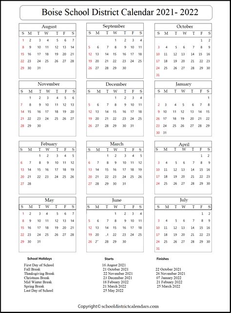 Boise School Calendar