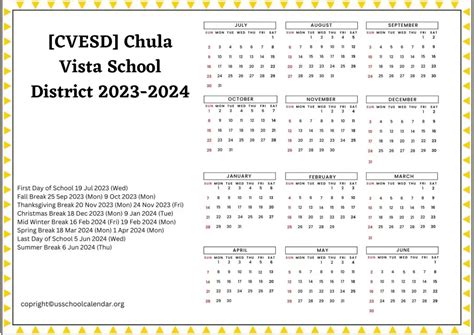 Chula Vista School District Calendar Features