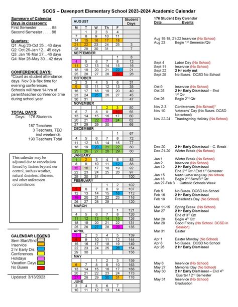 Davenport School Calendar Overview