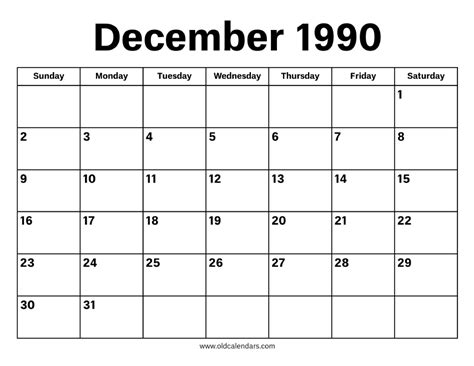 December 1990s Calendar Guide