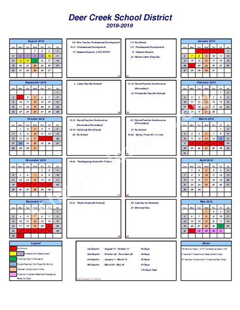 Deer Creek Schools Calendar Overview