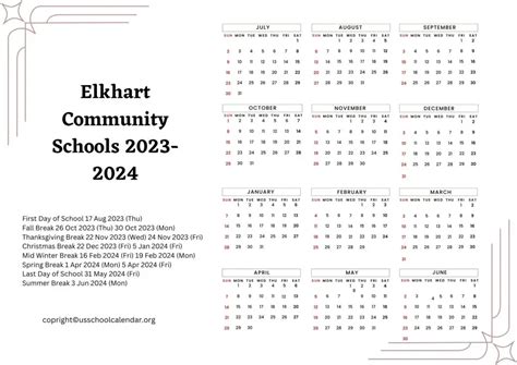 Elkhart Community Schools Calendar Overview