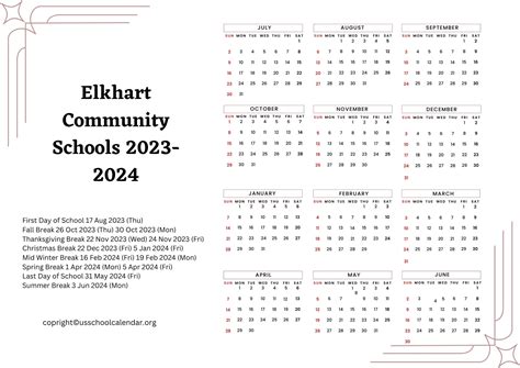 Elkhart Community Schools Calendar Image 2