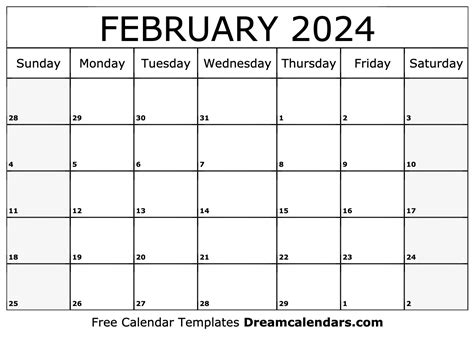 February Calendar Printable Template