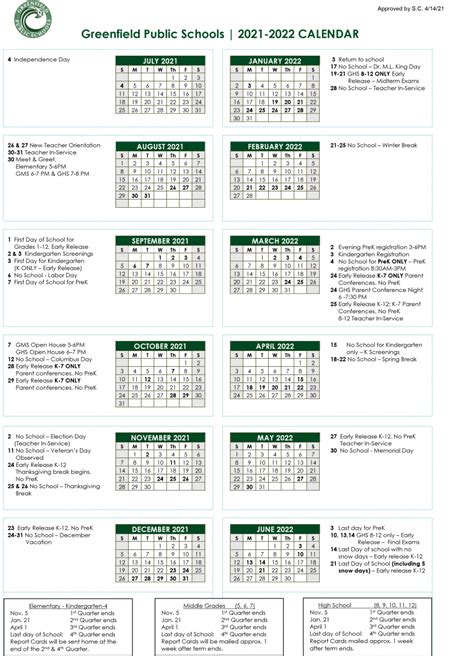 Description of Greenfield Intermediate Calendars for Parents