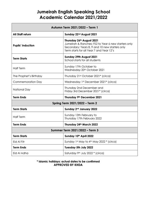 JPS Schools Calendar Key Dates