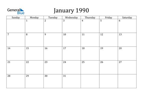 January 1990s Calendar Guide