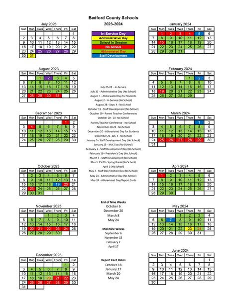 Key Features of Bedford County Schools Calendar