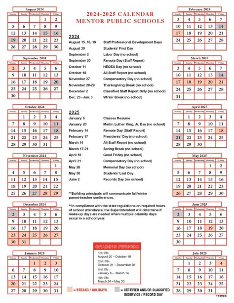 Mentor Schools Calendar Overview