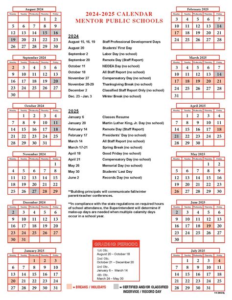 Mentor Schools Calendar Templates