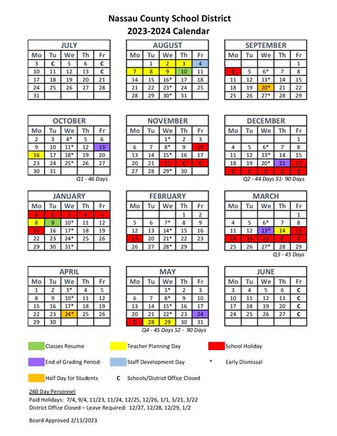 Key Features of the Nassau County Schools Calendar