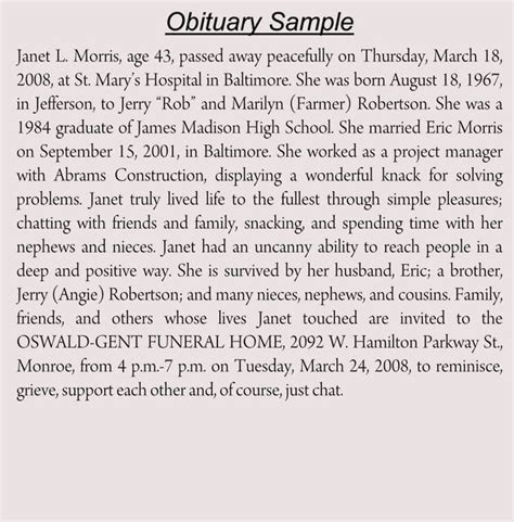 Obituary Example with Condolences