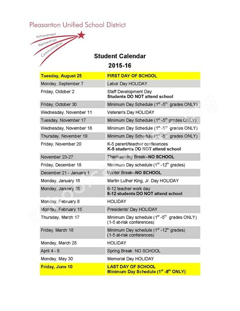 Pleasanton USD Calendar Image 1