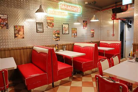 A retro diner featuring 1950s colors