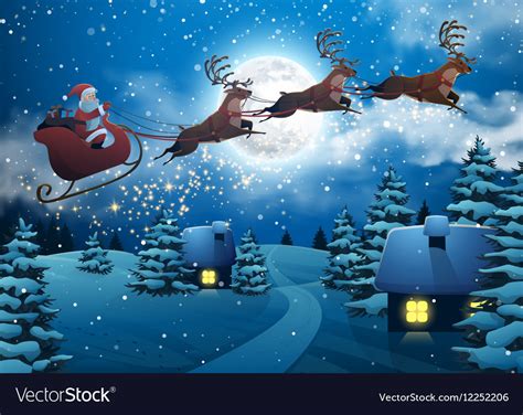 Santa Claus Flying Sleigh Over Houses