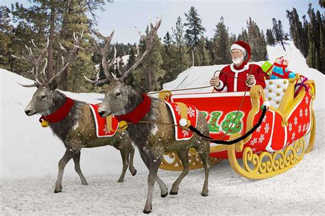 A painting of Santa's sleigh and reindeer in a winter wonderland