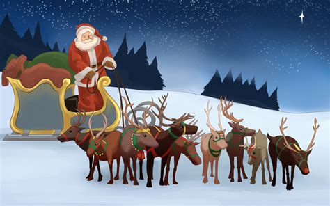 A painting of Santa's sleigh and reindeer in flight