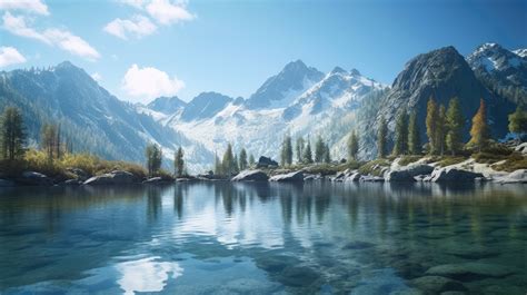 A serene landscape with a calm lake and rolling hills