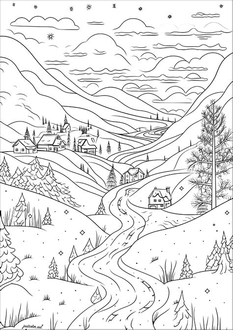 Snowy Winter Landscape Coloring Pages