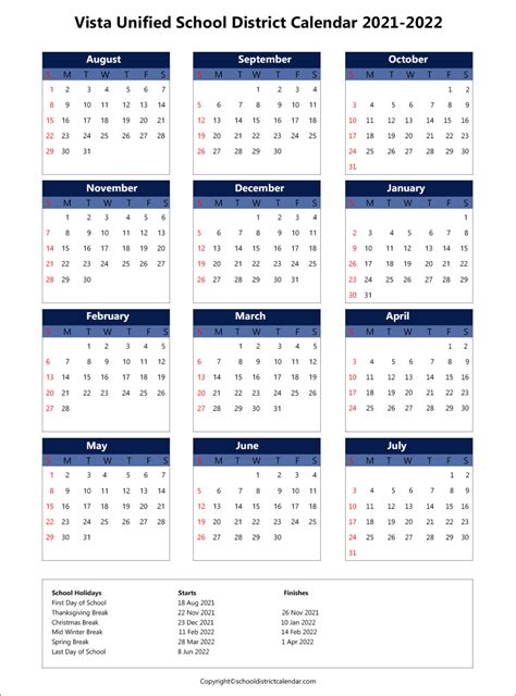 Vista USD Calendar Features