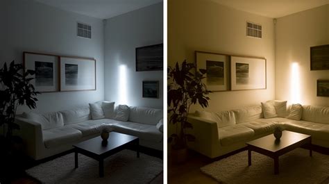 A living room with warm white lighting