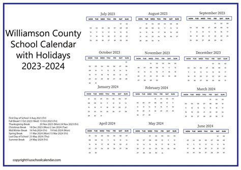 Williamson County School Calendar