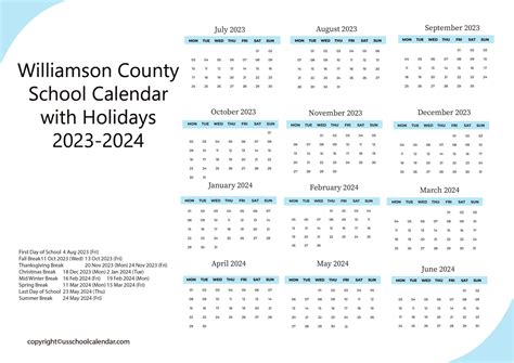 Williamson County School Calendar Image 1