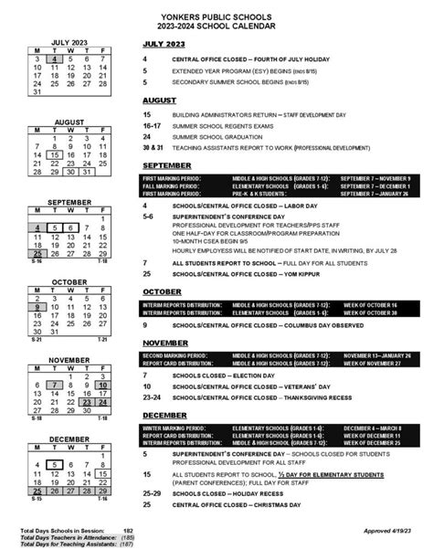 Yonkers Public Schools Calendar Overview