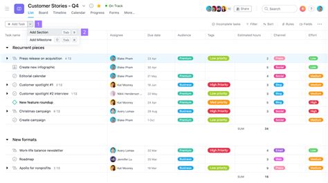 Adding sections in project management