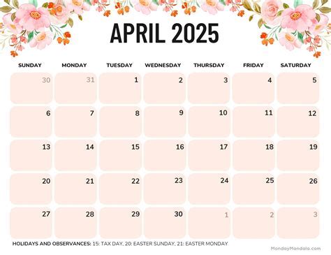 April 2025 Calendar Customization Image