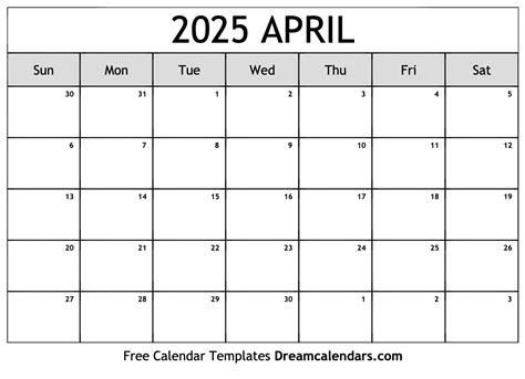 April 2025 Calendar Excel