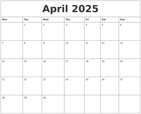 April 2025 Calendar PDF