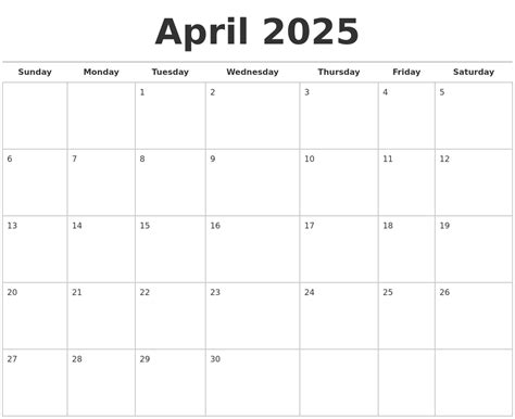 April 2025 Calendar Word