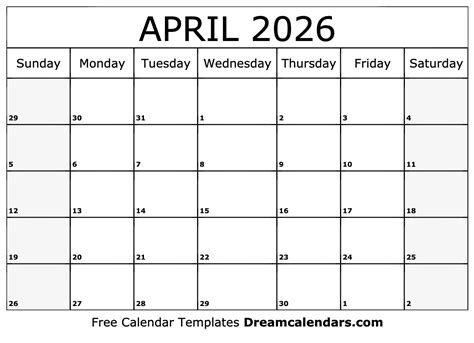 April 2026 calendar features