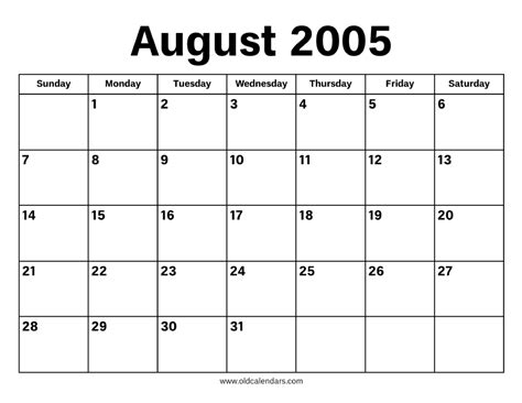 August 2005 Calendar