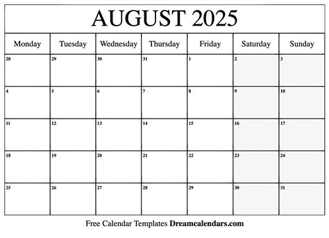 August 2025 Calendar Overview