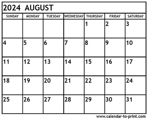 August Calendar Dates