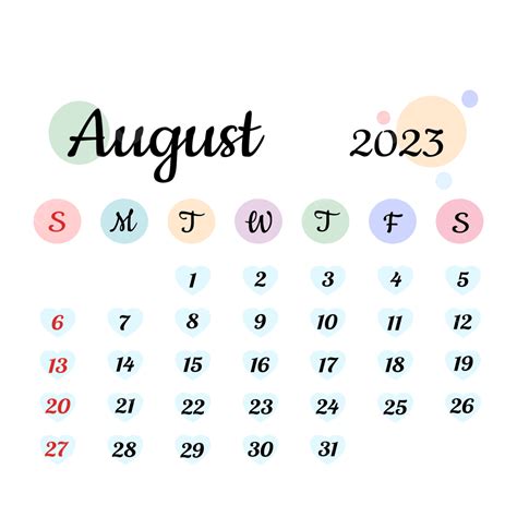 August calendar dates