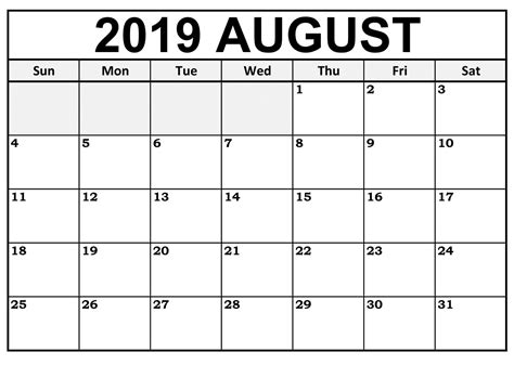 August Calendar Template